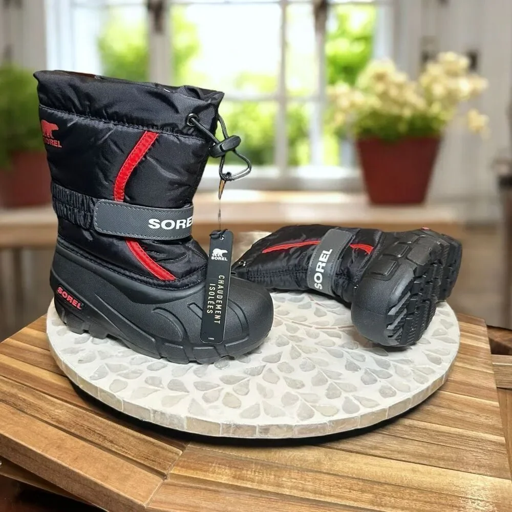 Sorel Kids Flurry Insulated Winter Snow Boots Black Red Size 10 US (27 EU) Water